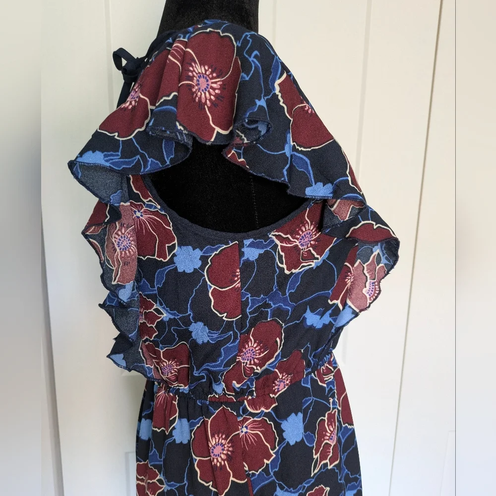 Band Of Gypsies Women's Floral Fall cap sleeve jumpsuit romper Size M blue EUC - Picture 7 of 11